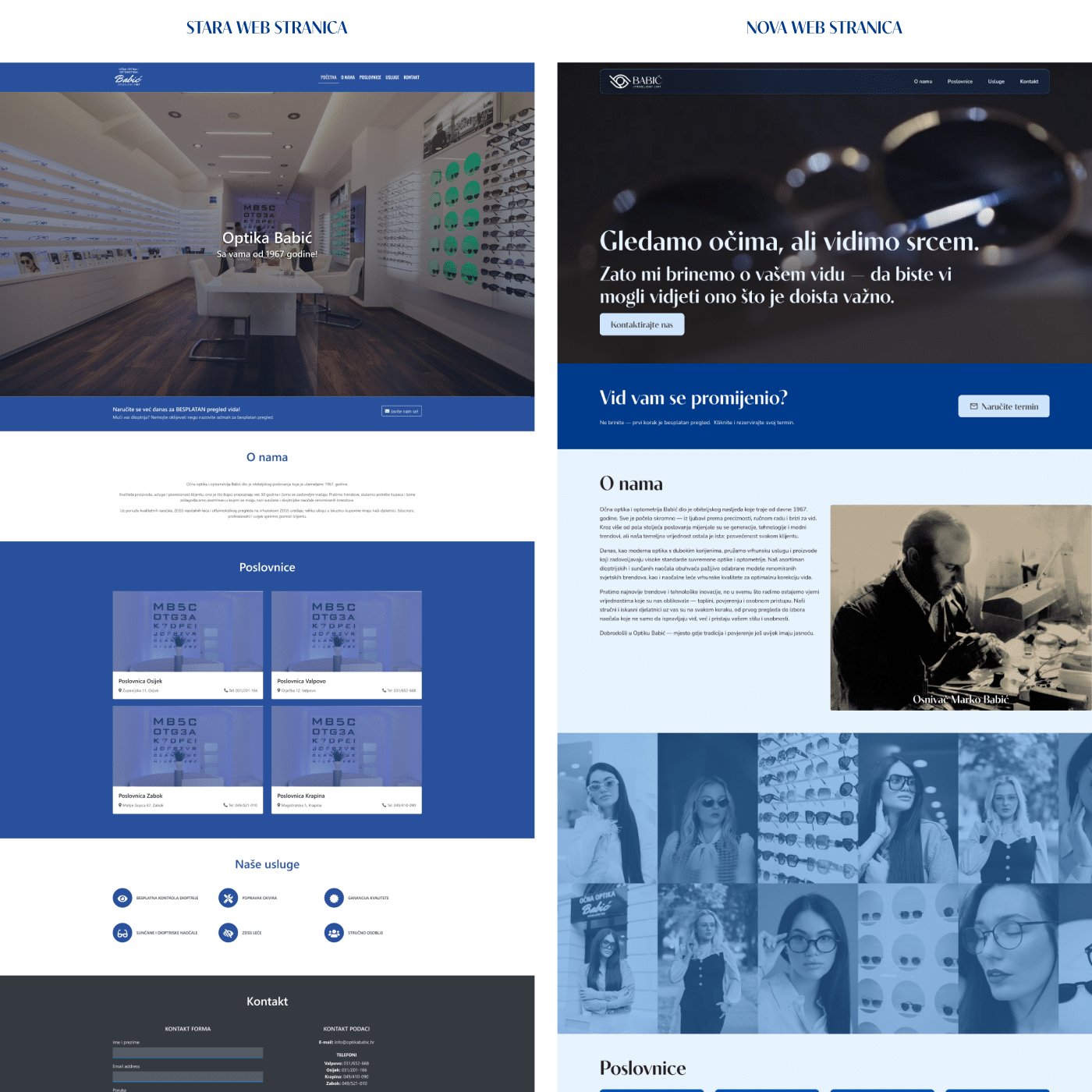 redizajn web stranice optike - prije i poslije