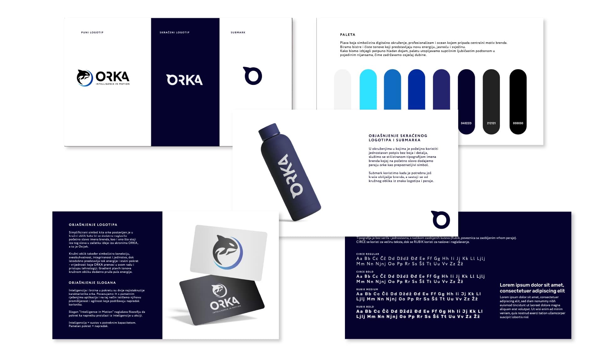 Brend knjiga ORKA - logotip, submark, paleta plavih tonova i tipografija Circe i Rubik