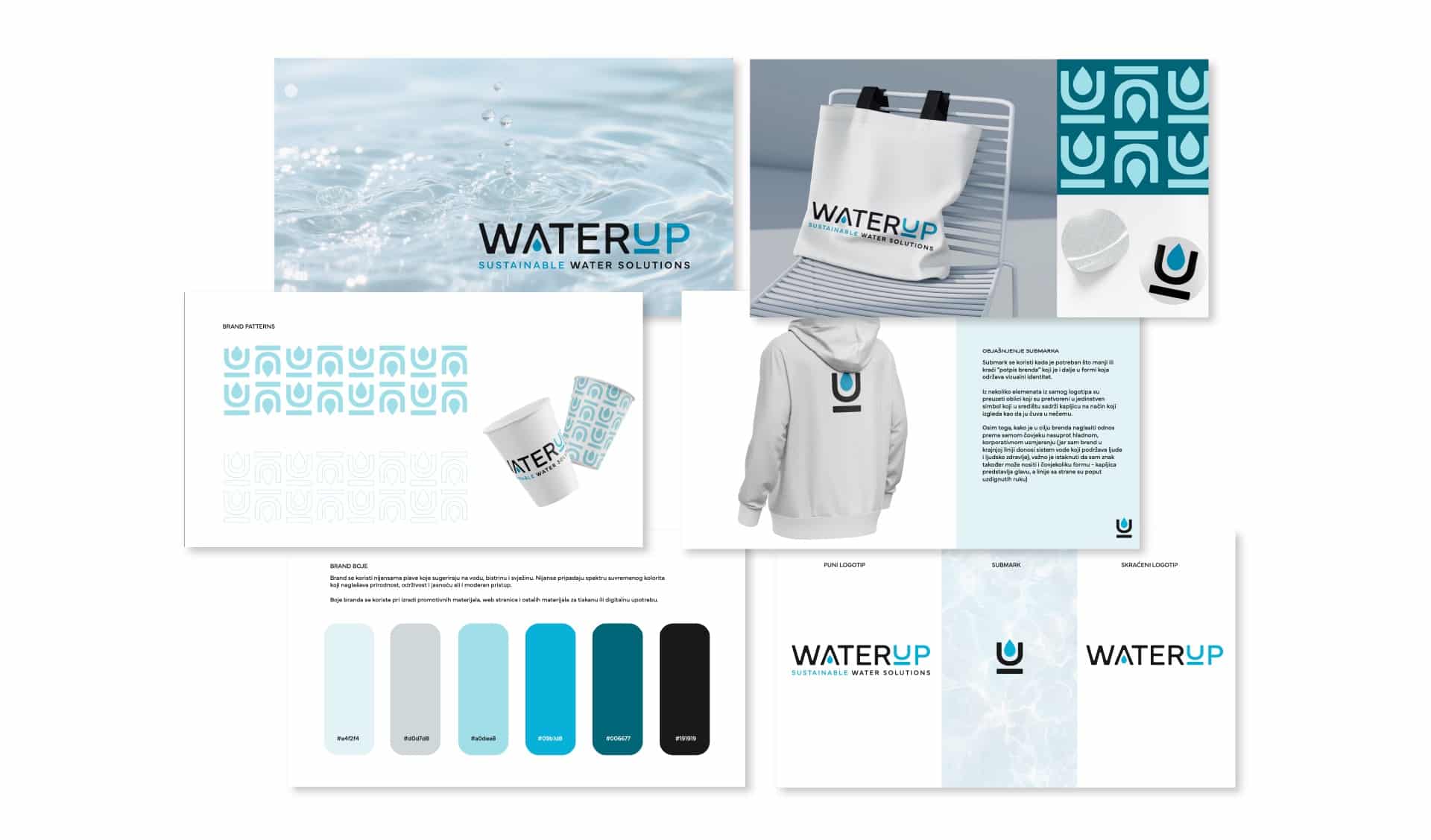 Brend knjiga WaterUp - logotip, submark u obliku kapljice, brend uzorci i primjena na tekstilu