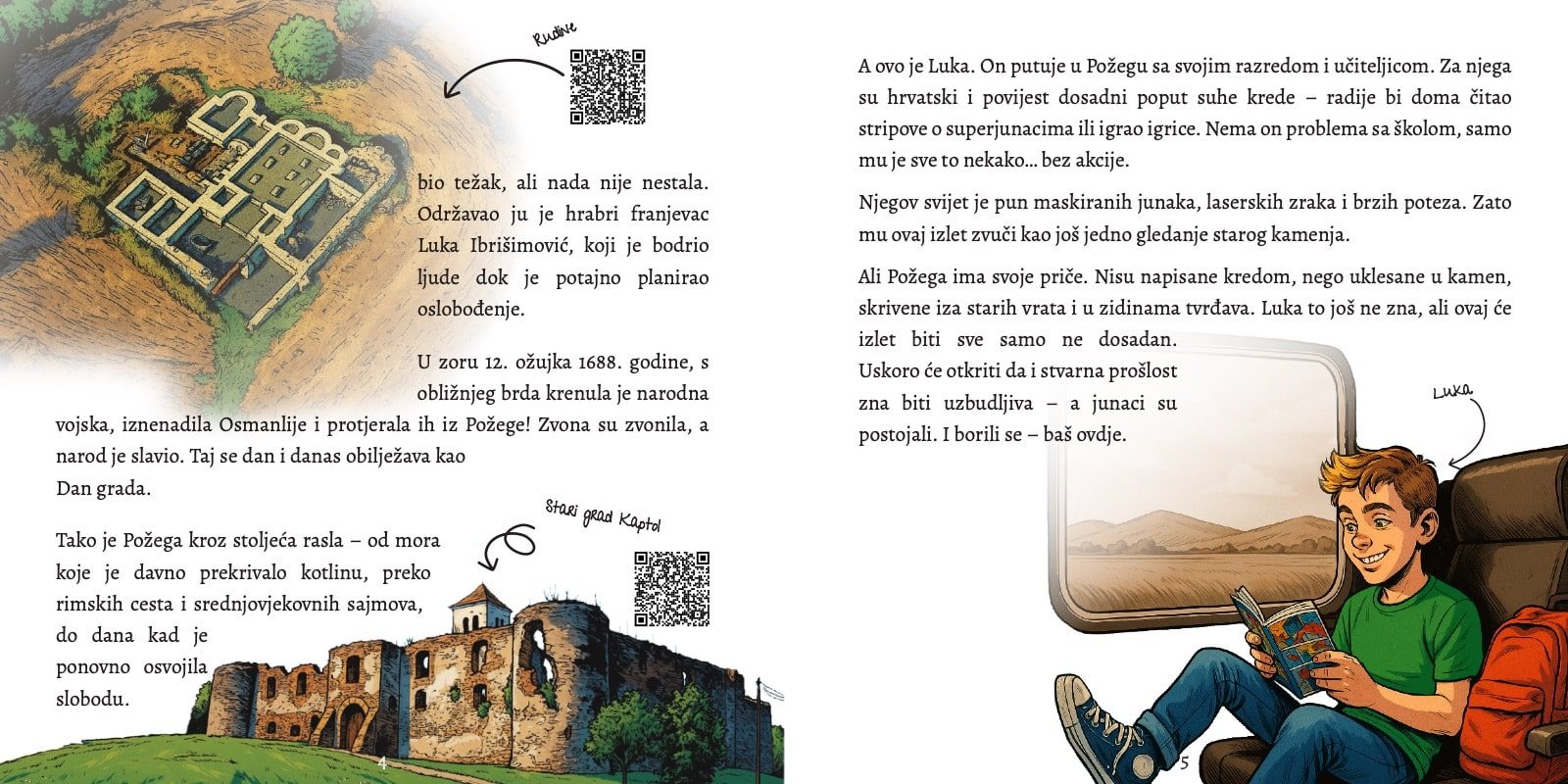 Dvostrana ilustracija: Luka putuje u Požegu, Stari grad Kaptol i Ruditve s QR kodovima