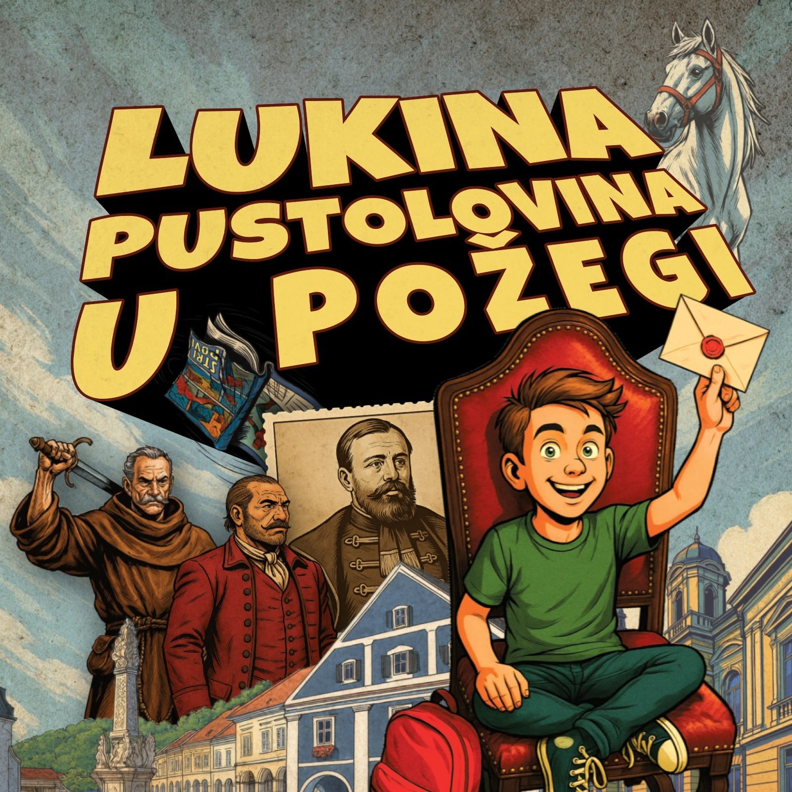 Naslovnica slikovnice &bdquo;Lukina pustolovina u Požegi&ldquo; - Luka, barun Trenk i Luka Ibri&scaron;imović