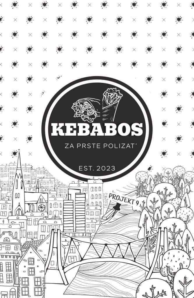 Linijska ilustracija grada Osijeka za brend KebabOS - katedrala, pješački most i brodić restorana Projekt 9
