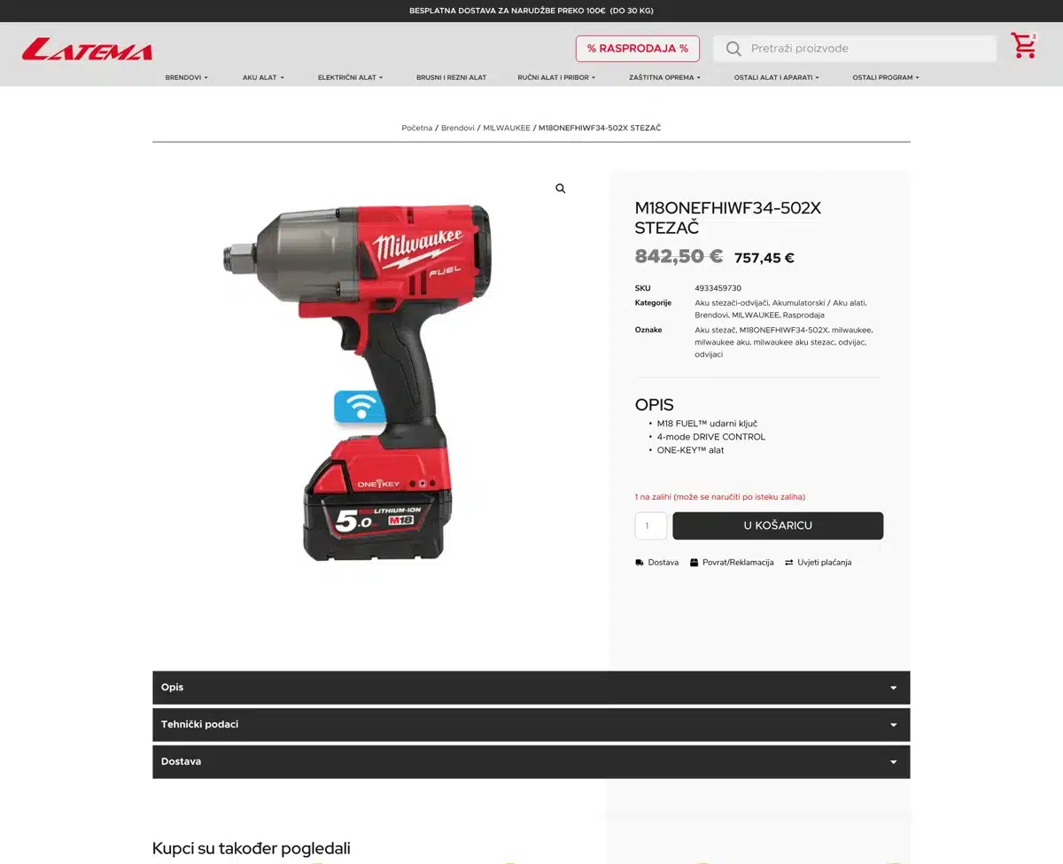 Stranica proizvoda u Latema webshopu s povezanim proizvodima