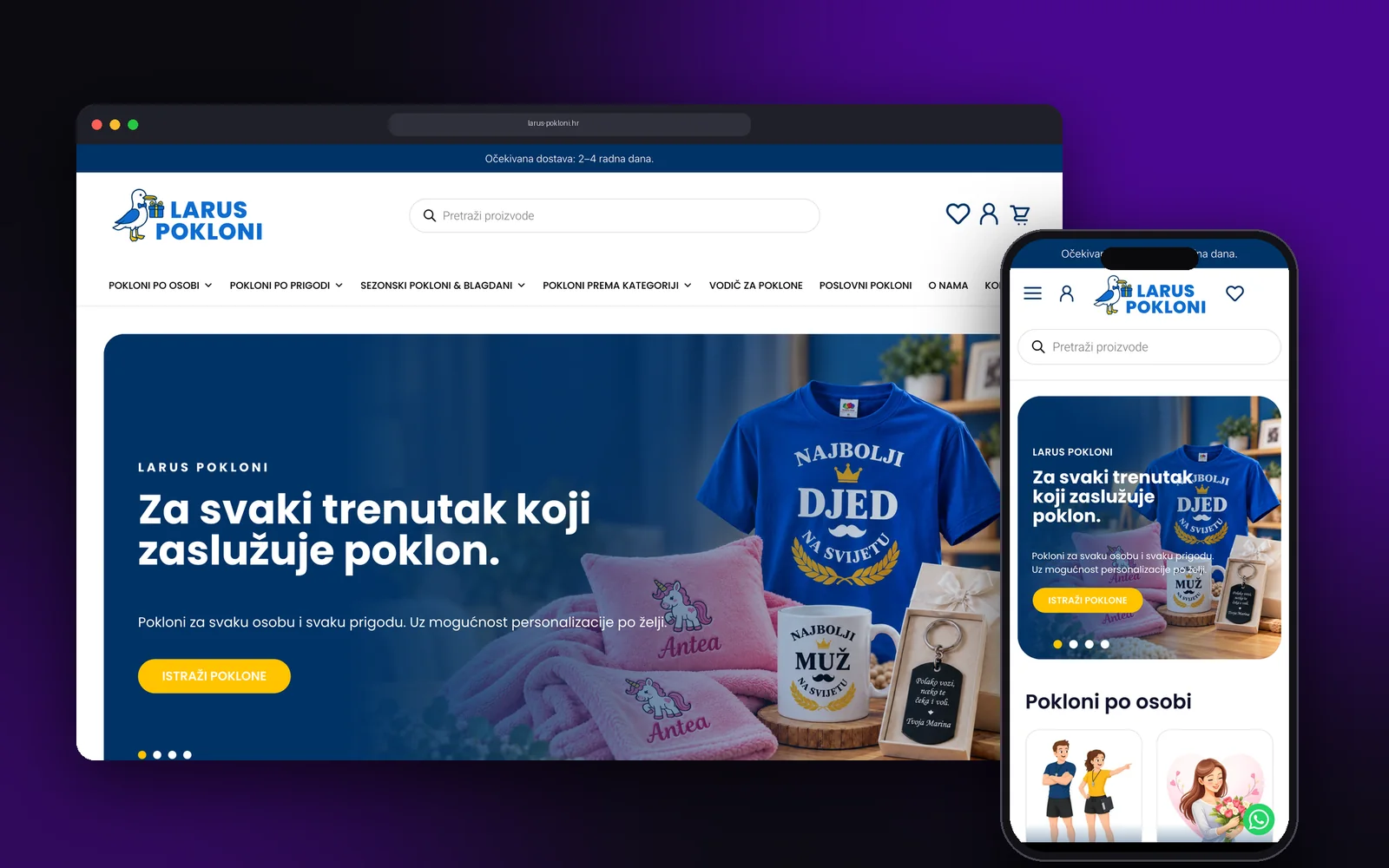 Web-shop Larus pokloni na računalu i mobitelu: pokloni za svaku osobu i prigodu uz personalizaciju