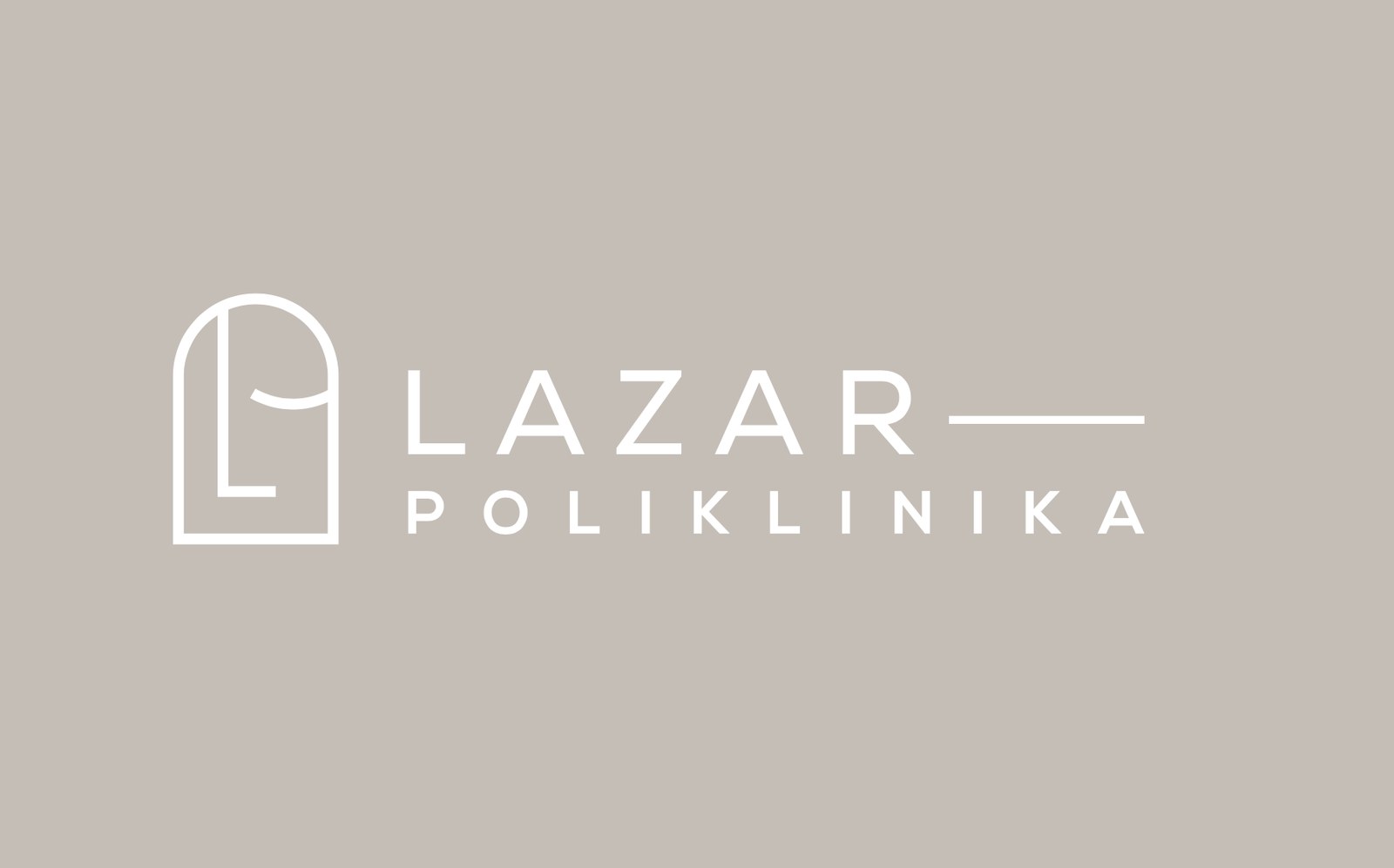 Logotip Lazar Poliklinike u bijeloj boji na bež podlozi