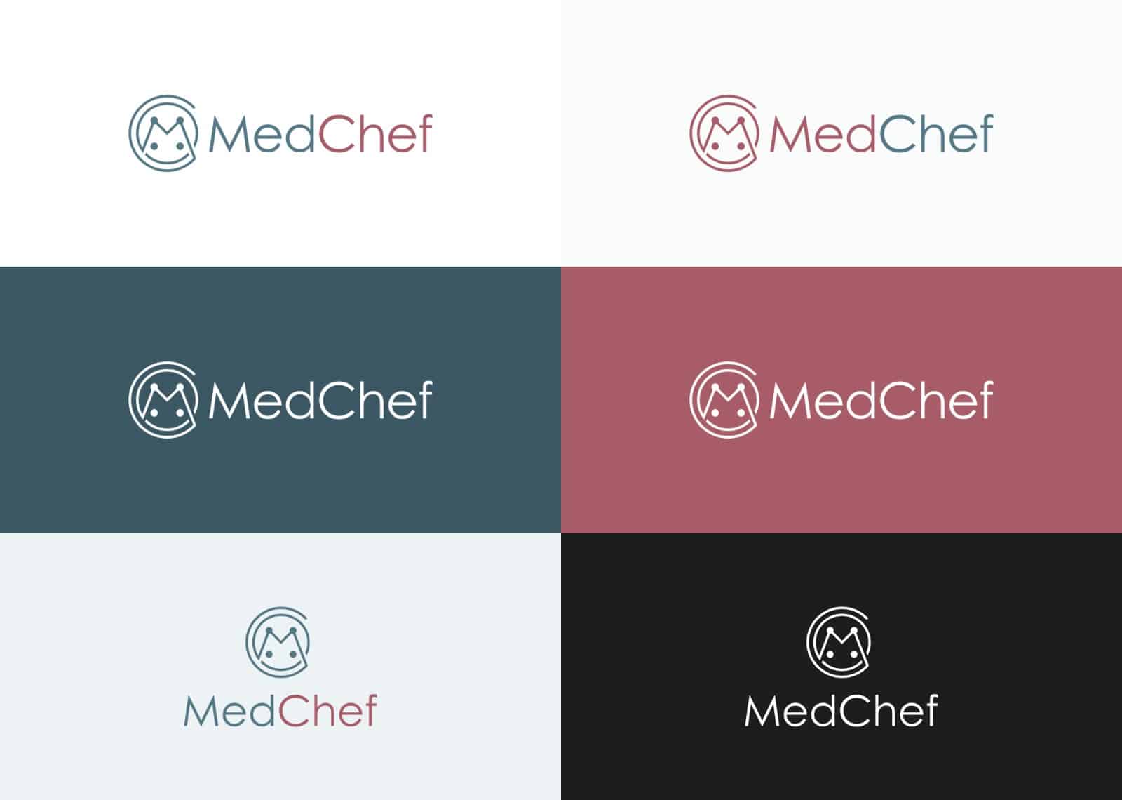 Varijante logotipa MedChef: vodoravni i okomiti, u boji i u bijeloj na tamnim podlogama