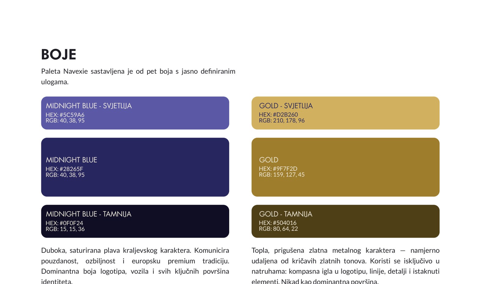 Paleta boja Navexia: midnight blue, zlatna, beige i graphite