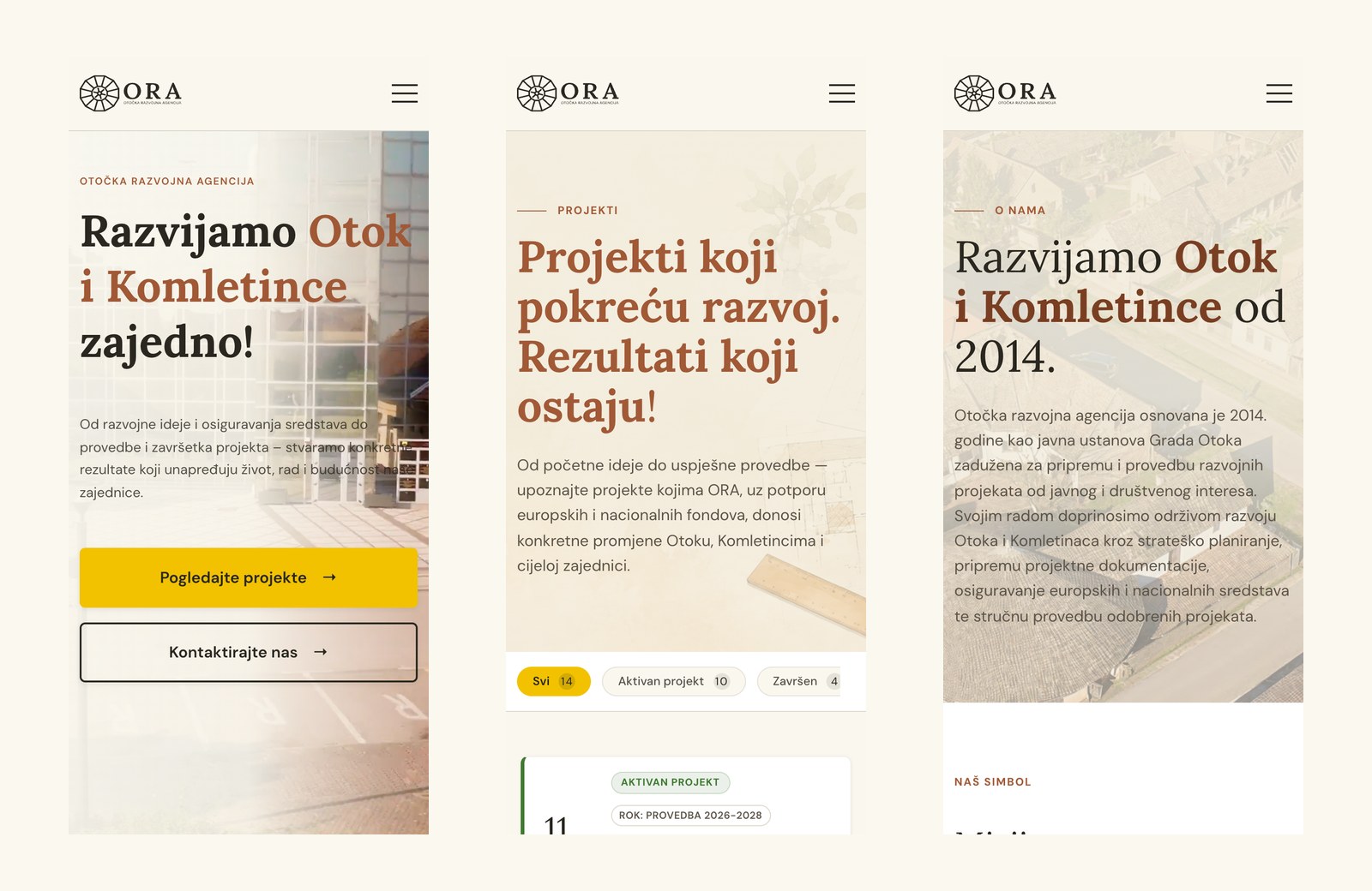 Mobilni prikaz web stranice ora.hr: naslovnica, projekti i o nama