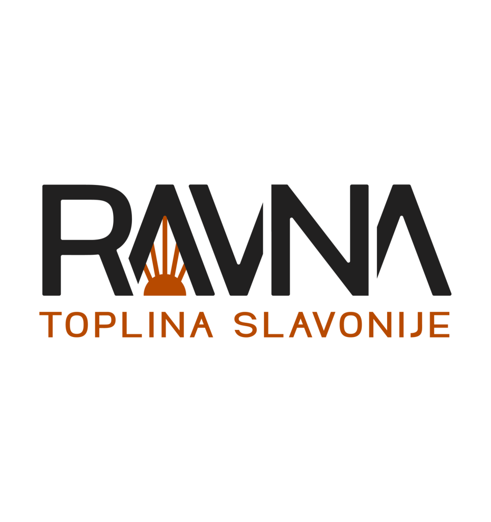 RAVNA logotip sa suncem u slovu A i sloganom Toplina Slavonije