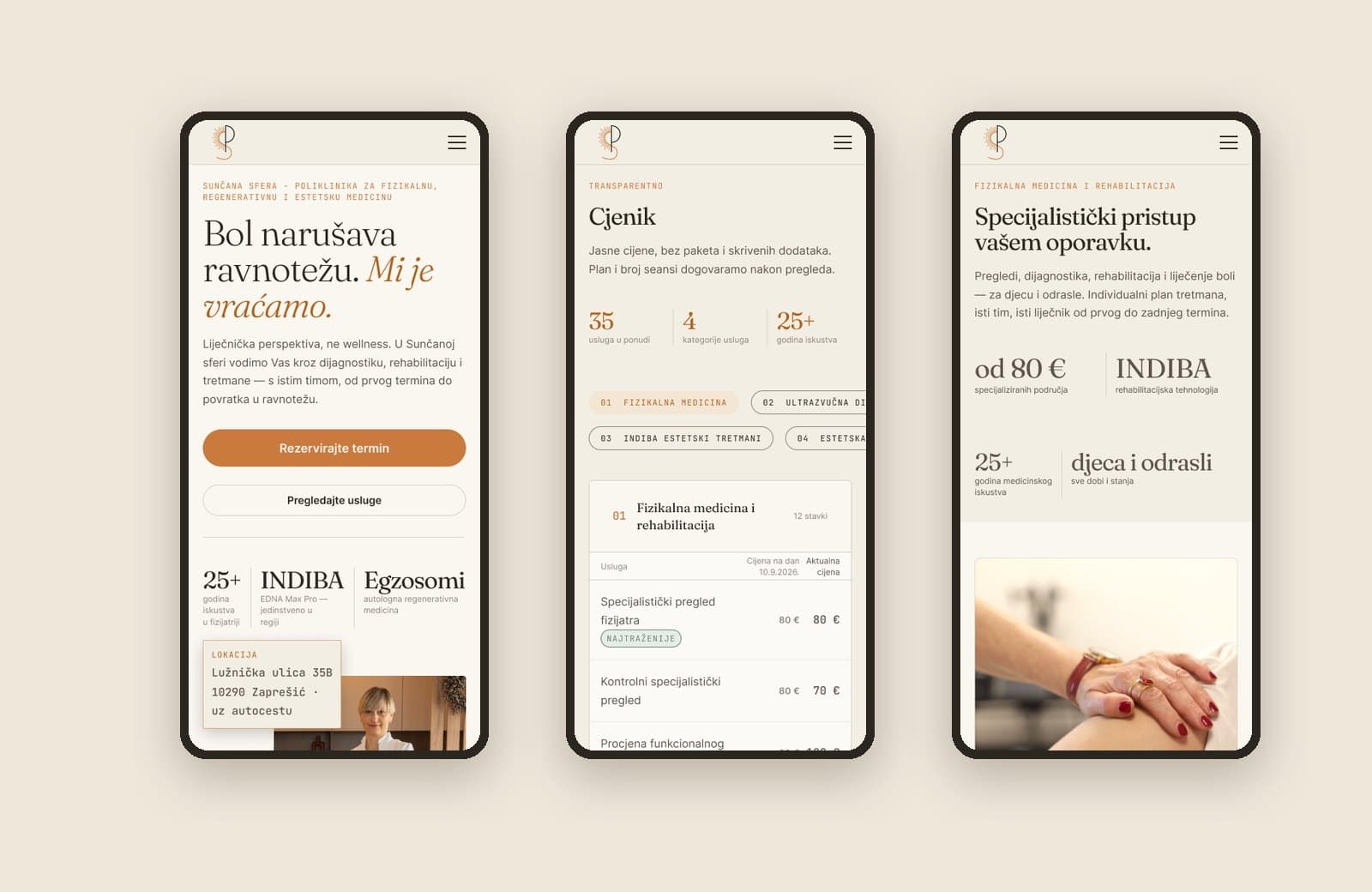 Mobilni prikaz web stranice Sunčana sfera: naslovnica, cjenik i fizikalna medicina
