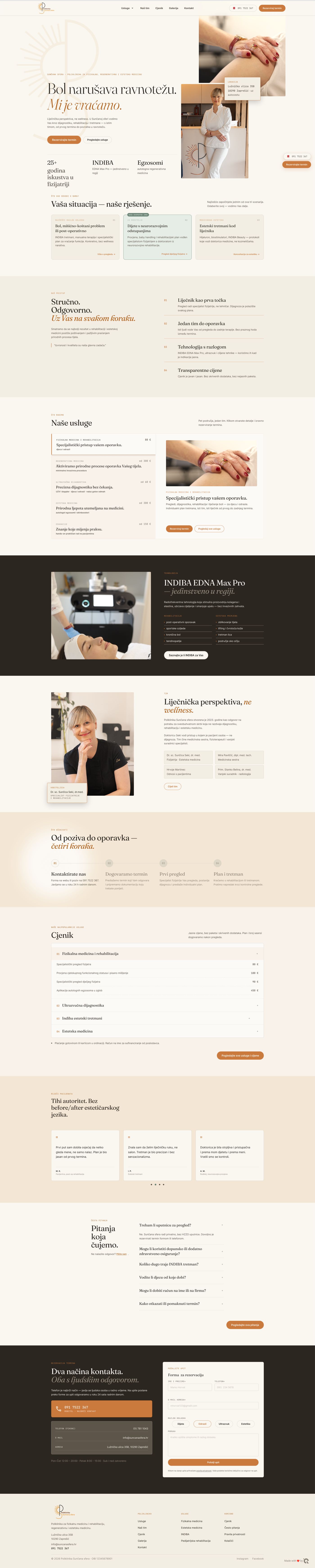 Cijela naslovnica web stranice suncanasfera.hr: usluge, INDIBA, tim, postupak, cjenik i kontakt