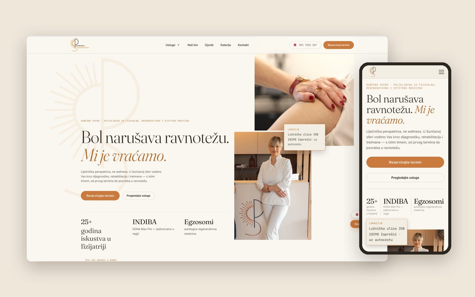 Naslovnica nove web stranice Poliklinike Sunčana sfera na desktopu i mobitelu