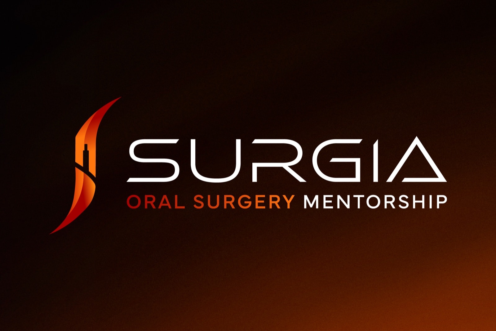 Logotip SURGIA Oral Surgery Mentorship na tamnoj vatrenoj pozadini