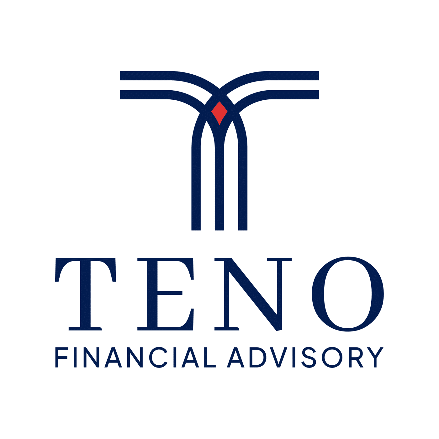 Logotip TENO Financial Advisory - stup, krila i slovo T s crvenim coreom